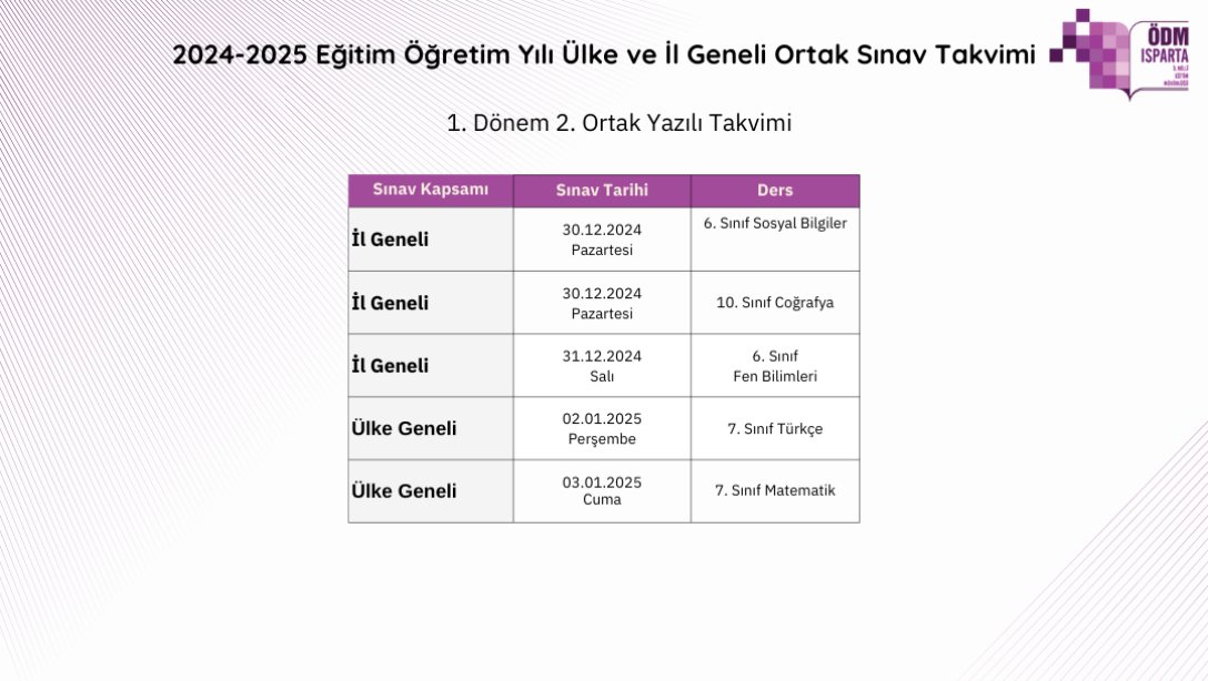 2024-2025 Eğitim Öğretim Yılı 1. Dönem 2. Ortak Yazılı Ülke ve İl Geneli Ortak Sınav Takvimi ile Sınav Klavuzu